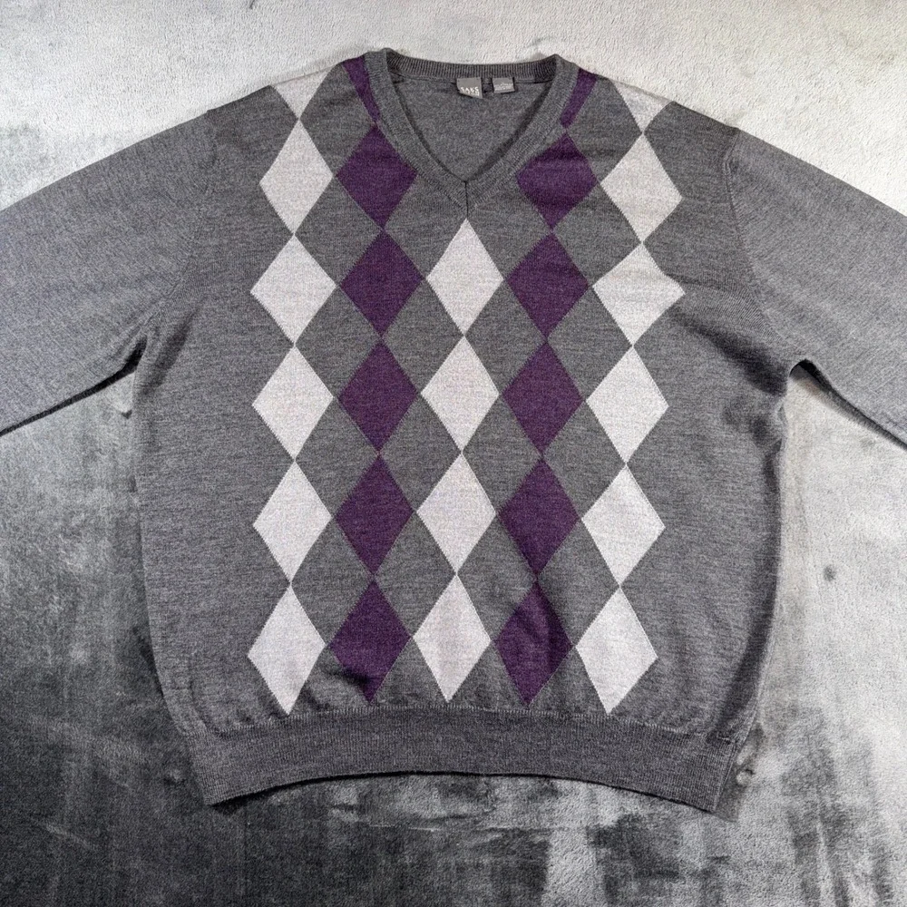 Saks Fifth Avenue Mens XL Argyle V-Neck Sweater 100% Merino Wool Made in Italy